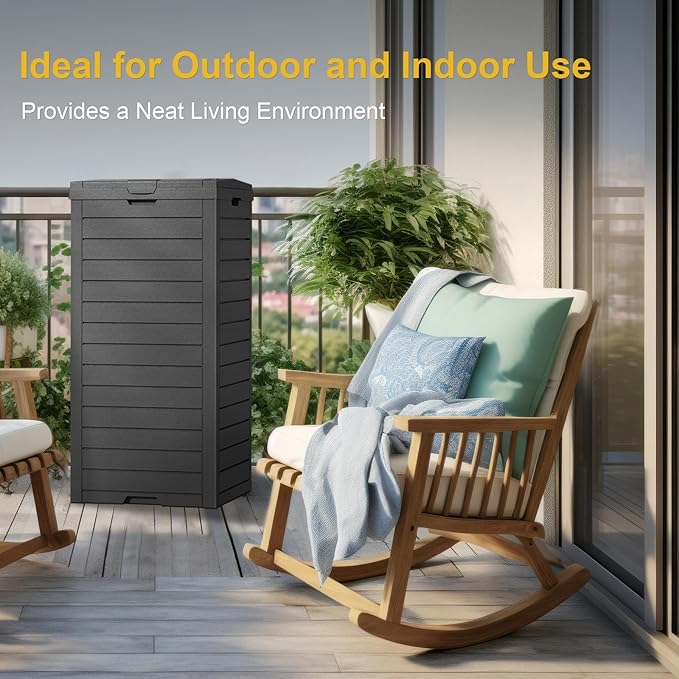 Outdoor Trash Can Waterproof Resin Garbage Bin, 31 Gallon with Tiered Lid and Drip Tray, for Patio, Backyard, Deck（Grey）, Gray