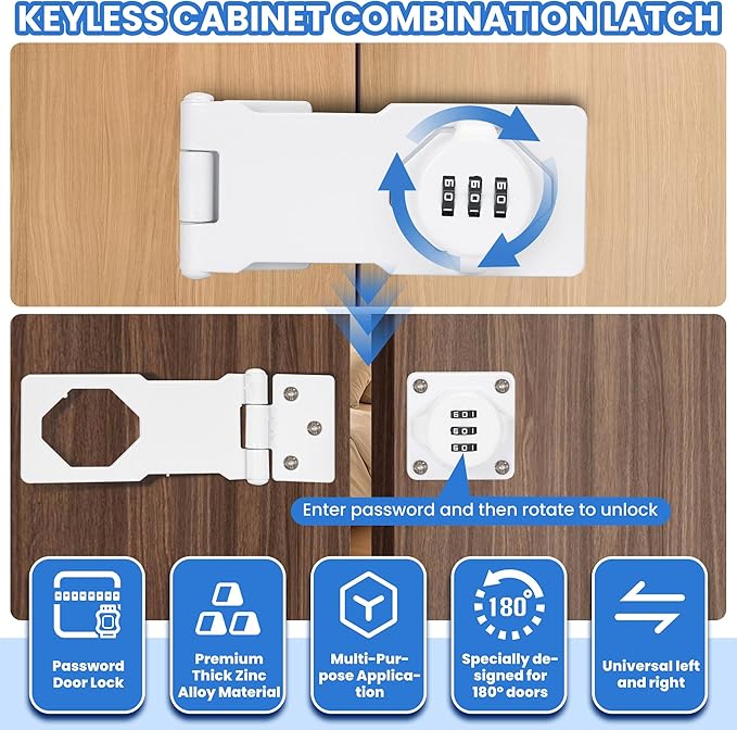 Keyless Cabinet Lock with Combination Code - 3-Digit Password Hasp Latch Lock for Drawers, Bifold Closet Door and Double Sided Door (White, 4.5 Inch, 2 Pack)