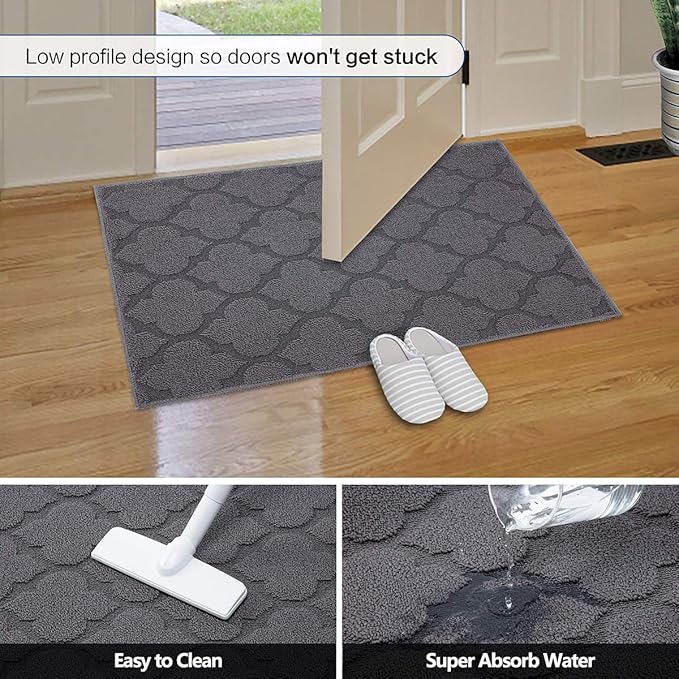 FONEYI Indoor Door Mat, Entrance Rug 24" x 36" Non-Slip Rubber Backing, Machine Washable Entry Rug, Low Profile Absorbent Dirt Trapper Doormat Inside Floor Mats for Entryway, Grey