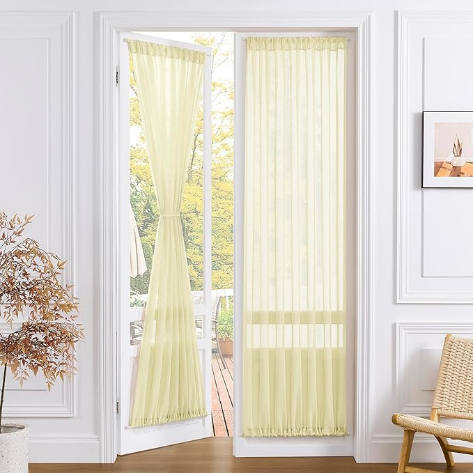 Tollpiz Sheer Door Curtain Closet Linen Textured Curtain Sheers Doorway Light Filtering Voile French Door Rod Pocket Curtains Patio Door, 25 x 80 inches Long, Transparent Yellow, Set of 1 Panel