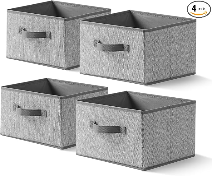 Storage Baskets, 11-Inch Woven Fabric Bins, Storage Cubes with Reinforced Handles, Organizer Bins for Closet Shelves, Foldable, for Toys, Clothes, Natural Beige (4PCS/Grey-11*11*7.8inch)