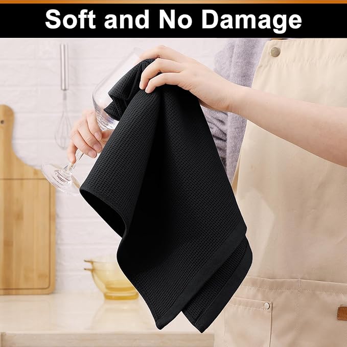 Homaxy 100% Cotton Waffle Weave Kitchen Towels - 4 Pack Soft and Absorbent Dish Towels - 16 x 26 Inches Quick Dry Hand Towels - Black