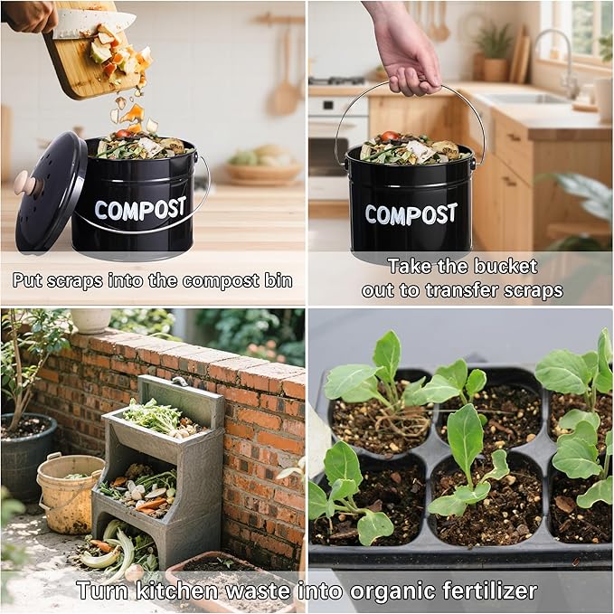 Compost Bin for Kitchen Counter, 1 Gallon Compost Bucket with Lid and Charcoal Filter, Countertop Composter, Rust Proof Indoor Food Waste Bin, Black