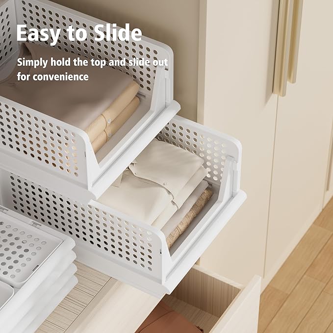 Proarea 4 Pack Stackable Plastic Storage Basket Closet Organizer Bin Foldable Clothes Organizer Storage Drawer Shelf Container for Living Room Bathroom Kitchen Office (4S)