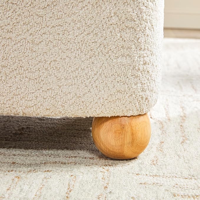 Walker Edison Linley Contemporary Small Storage Bouclé Ottoman with Wood Legs, Ivory