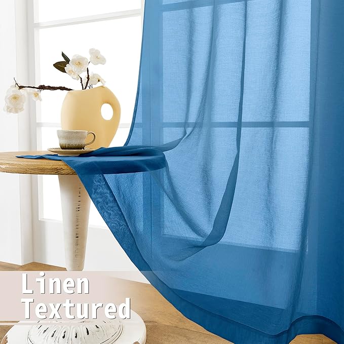 Tollpiz Sheer Door Curtains Closet Linen Textured Curtains Sheer Doorway Light Filtering Voile Rod French Door Pocket Curtain Patio Glass Door, 25 x 72 inches Long, Classic Blue, Set of 1 Panel