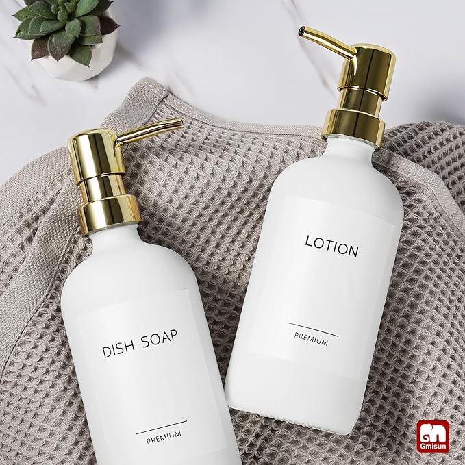 GMISUN White Soap Dispenser, 2 Pack Glass Hand Soap Dispensers Bathroom with Gold Pump, 17 Fl Oz Dish Soap Dispenser Set for Kitchen, Refillable Modern Liquid Soap and Lotion Dispensers Bottle