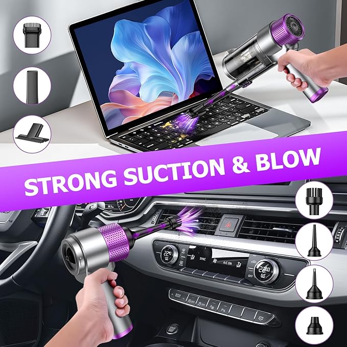 EYYA Handheld Car Vacuum Cleaner Cordless, 16000PA Powerful Hand Held Vacuum Cordless Rechargeable, 4-in-1 Portable Mini Vacuum & Air Duster with Multi-Nozzles and LED Light for Car Home Office