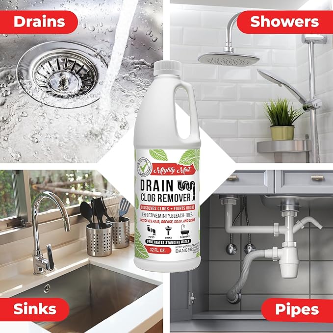 Mighty Mint Drain Clog Remover, Safe for Pipes and Septic, Dissolves Hair & Grease, Clears Blocked Drains and Deodorizes, Natural Mint Scent, 32oz