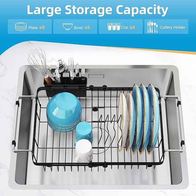 romision Expandable Dish Drying Rack Over The Sink Small Metal Stainless Steel Plate Holder for Compact Kitchen, Space Saving Modern Black Hanging Drainer