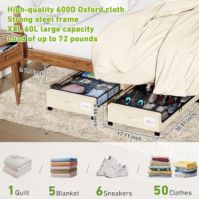 Under Bed Storage with Wheels, Under the Bed Storage Containers with Clear Lids & Label, Underbed Storage Bins, XXL 60L Rolling Metal Drawer for Clothes, Shoes, Toys, Books (4-Pack Beige)