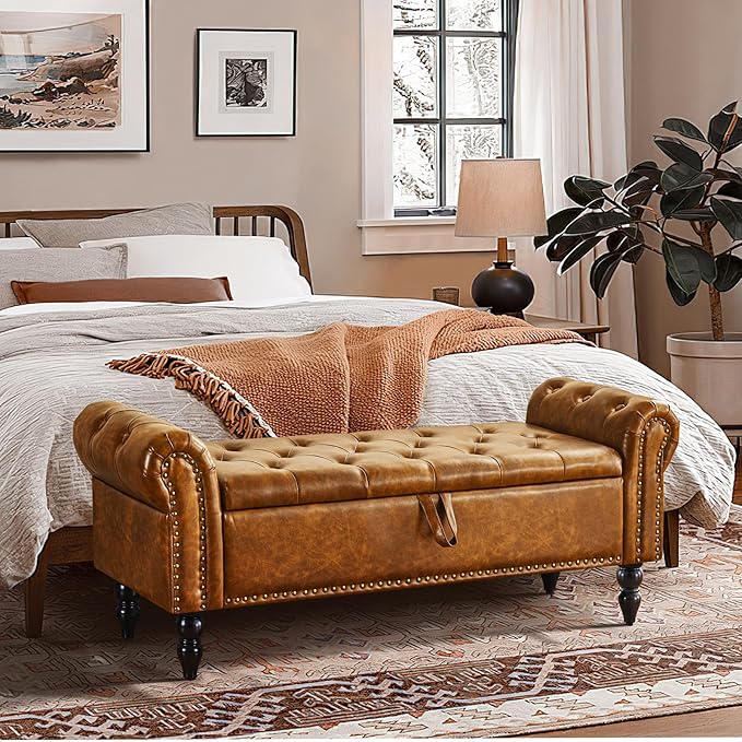 Furnimart Storage Bedroom Bench for End of Bed, Faux Leather Upholstered Storage Ottoman with Rolled Arms for Bedroom,Living Room, Entryway, 2.5Cubic Feet