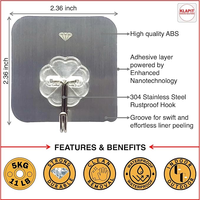 KLAPiT Super Hook - Heavy-Duty Adhesive Wall Hooks, Holds Up to 11 lbs, Waterproof, No Damage, Easy Install on Tile, Wood, Stone, Glass & Metal - Made of Steel (Silver, 4pc)
