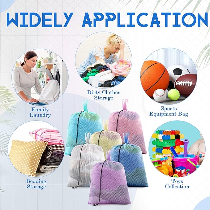 6 Pack 20 x 17 Inches Colorful Mesh Laundry Bag with Handles Machine Washable Secure Drawstring Closure Large Sturdy Mesh Net Laundry for College Travel Dorm Laundromat