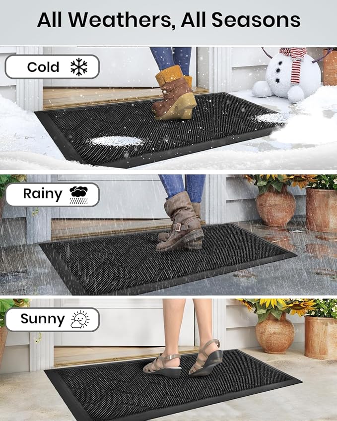 HAMARA Front Door Mat for Outside Entrance 35.5"x17" – Anti-Slip Dirt-Trapping Waterproof Rubber Indoor & Outdoor Mat with Textured Surface for Entryway - Heavy Duty All Weather Doormat – Black