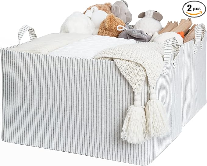 StorageWorks 45L Large Storage Bins for Closet and Shelves, Fabric Organizer Baskets with Metal Frame for Clothes, Towels, Collapsible Storage Basket, Gray and White Stripes, 2-Pack