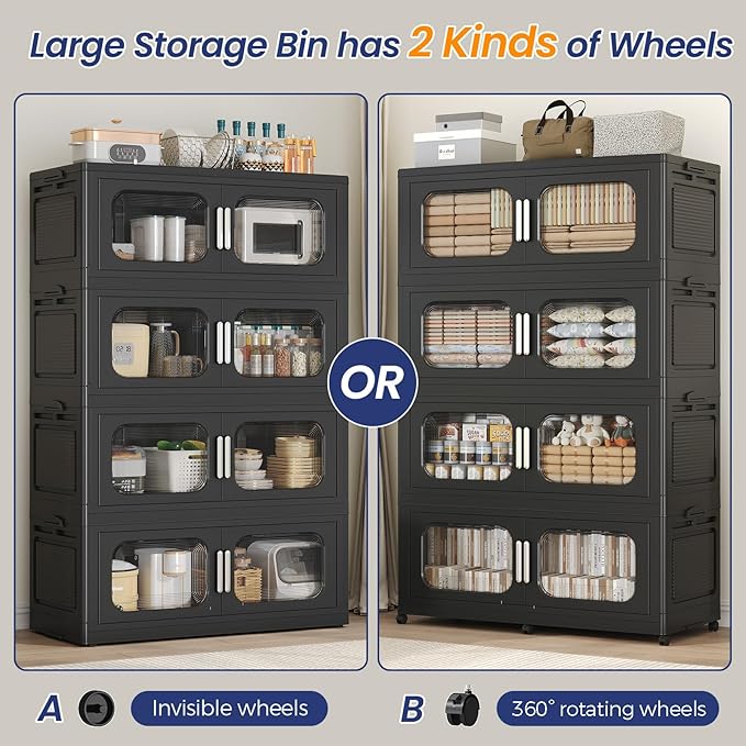 150GAL Extra Large Storage Bins with Lid, 600QT Storage Bins with Wheels, Folding Closet Organizer, Stackable Collapsible Plastic Storage Containers for Home, Office, Dorm, 3Pack Black