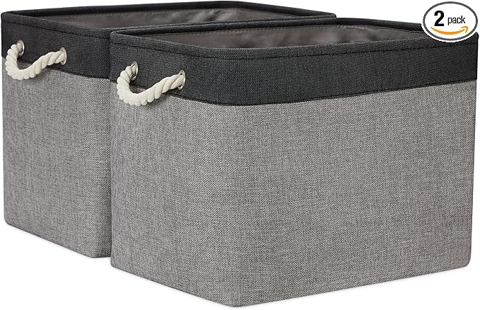 Temary Large Storage Baskets 2 Pack Cloth Basket for Shelves Collapsible Decorative Storage Organizer Baskets Canvas Storage Bins with Handles for Home(Grey&Black,16Lx12Wx12H Inches)