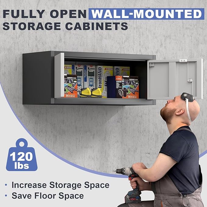 Metal Garage Storage Cabinet, Locking Cabinet Wall Mounted, 12.8" H Floating Cabinet for Warehouse, Upper Tool Cabinet with Shelf for Home Office, Basement, Kitchen, RV Organization