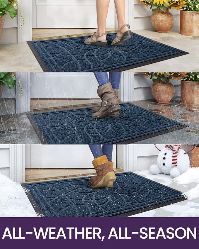 DEXI Front Door Mat Outside Entrance, Heavy Duty Non Slip Low Profile Doormat for Entryway, Trap Dirt and Moisture Welcome Mats, Easy Clean, Patio, Garage, 4x2, Blue