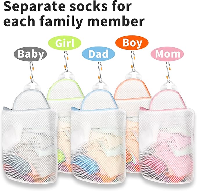 5Pcs Hanging Laundry Bags for Socks with S Hooks,12 X 10 inch 5 Color Mesh Laundry Bags for Washing Machine