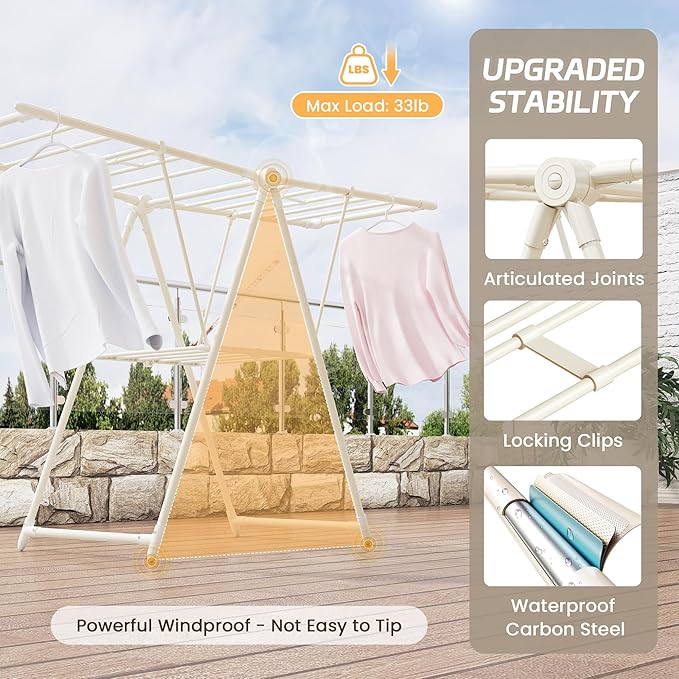 GameGem Clothes Drying Rack, Drying Rack Clothing, Foldable Laundry Drying Rack with 3 Heights-Adjustable, Sturdy Carbon Steel & Anti Slip Feet, Indoor Outdoor Use, Cream White