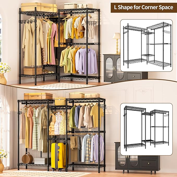 Heavy Duty Garment Rack Large Clothes Rack,Freestanding Closet Portable Clothing Rack with 7 Adjustable Wire Shelves&4 Hang Rods&2 Hooks,Metal Closet Storage Organizer Wardrobe System,MaxLoad 1000lbs