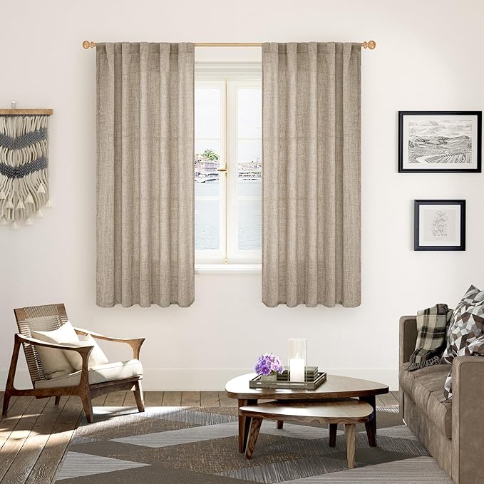 YoungsTex Dark Oatmeal Linen Curtains 63 Inch Length for Living Room, Semi Sheer Short Window Drapes Light Filtering Rod Pocket Back Tab Curtain for Bedroom, 2 Panels, 38 X 63 Inch