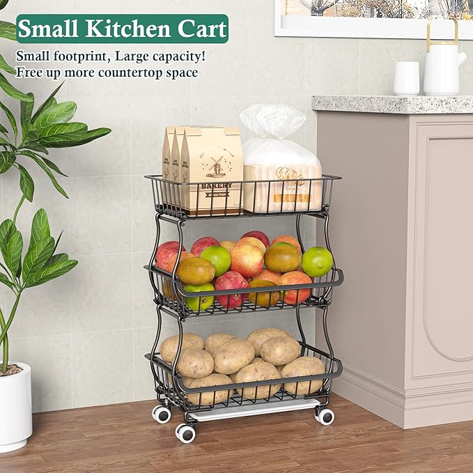3-Tier Rolling Pantry Floor Organizer and Storage Cart with Wheels, Stackable Wire Pantry Baskets for Pantry Shelves, Kitchen Fruit Basket Stand and Storage Rack for Fruit Snack Onion Potato