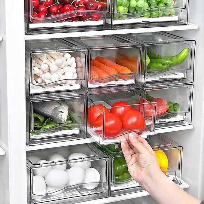 2 Pack Fruit Storage Containers for Fridge with Drain Board, Stackable Refrigerator Organizers and Storage,Reusable Food Storage Containers,Fridge Organizer Drawer for Produce,Fruit,Vegetable,BPA-Free