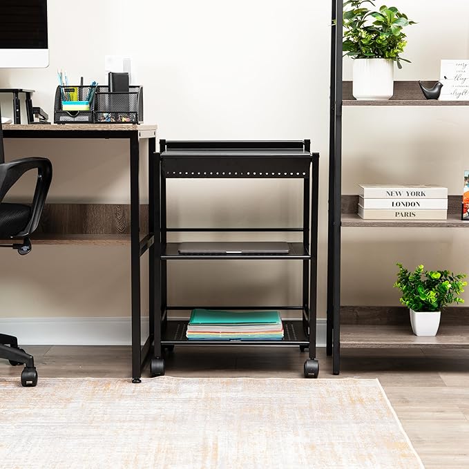 Mind Reader Cart with Covered Compartment, Office Organizer, Storage, 3-Tier, Office, Metal, 20" L x 14.25" W x 28.75" H, Black