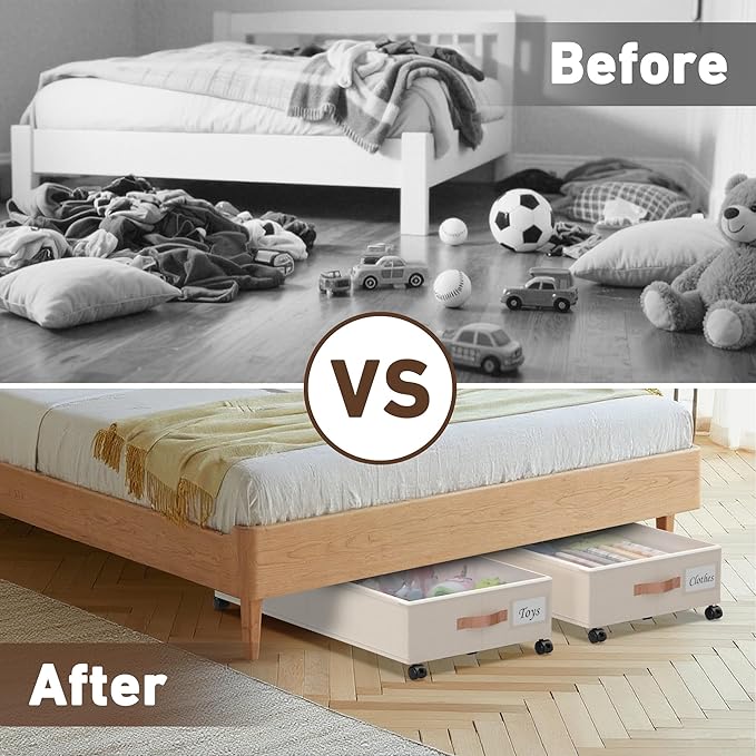Under Bed Storage with Wheels, 2-Pack Under Bed Storage Containers with Clear Lids, XXL 65L Under the bed storage Organizer Bins, Rolling Under Bed Metal Drawer for Clothes,Shoes,Toys (White, 2-Pack)