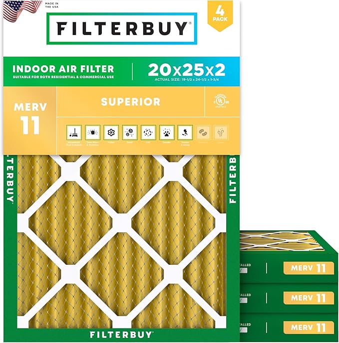 Filterbuy 20x25x2 Air Filter MERV 11 (MPR 1200) Allergen Defense Replacement (4-Pack), Electrostatic Pleated HVAC AC Furnace Filters, Made in USA (Actual Size: 19.50 x 24.50 x 1.75)