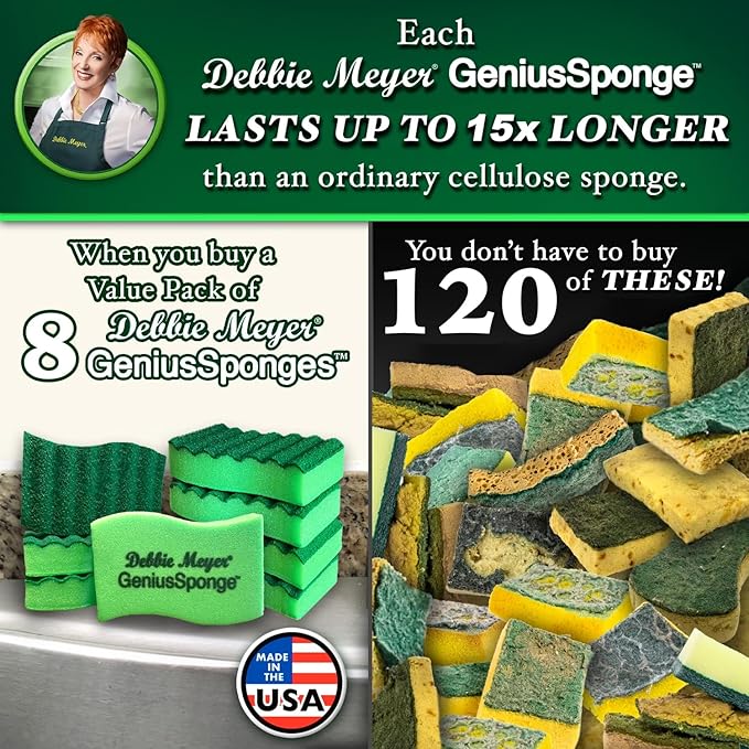 Debbie Meyer GeniusSponges-8 Scrubber Sponges with Built-in Odor Blocking Properties | Non-Scratch Multi-Surface Cleaning for Kitchens, Bathrooms, Essential for Dishes & Messes, Made in The USA
