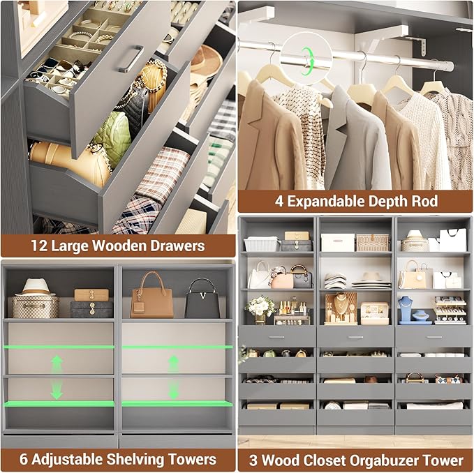 Aheaplus Closet System Set of 3, 138.5" Wood Closet Organizer System Tower with 12 Drawers & 4 Hanging Rods, 6.7+4.85Ft L Shaped Walk-in Closets Wardrobe Organizer Garment Rack with Shelves, Grey