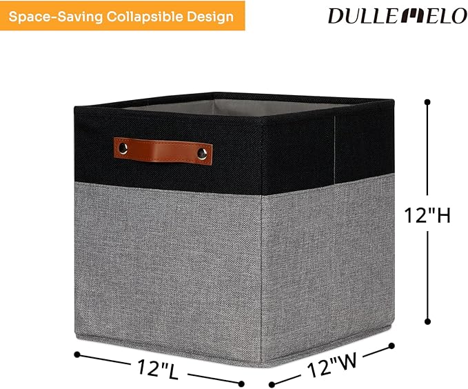 DULLEMELO 12x12 Storage Cubes, Collapsible Sturdy Cube Storage Bins With Handles for Organizing,Fabric Storage Cubes Baskets for Shelves Nursery Closet Home Organization and Storage (Black&Grey)