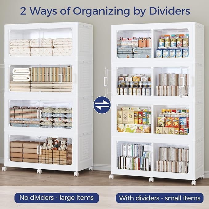 160GAL Extra Large Storage Bins with Lid, 640Qt Stackable Closet Organizers and Drawers, Collapsible Storage Bins with Wheels, Folding Storages Cabinet for Home Bedroom Office, 4Pack White