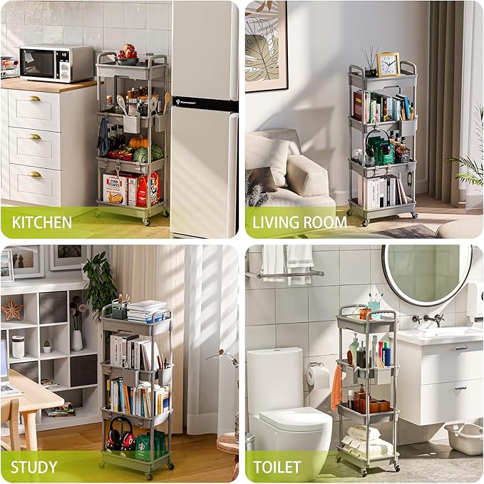 4 Tier Rolling Cart Organizer,Art Craft Diaper Bedside Snack Laundry Room Bathroom Organizer Narrow Thin Slim Rolling Trolley Utility Cart with Wheels for Kitchen,Office(Grey)