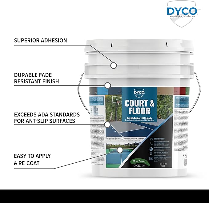DYCO Court & Floor Anti-Slip Coating - Slip Resistant Pavement, Cement & Concrete Paint for Pickleball, Tennis & Basketball Courts, Exceeds ADA Standards for Safety Areas (Moss Green, 5 Gallons)