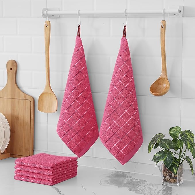 Homaxy 100% Cotton Terry Kitchen Dish Cloths, Ultra Soft and Absorbent Dish Towels for Kitchen, Suitable for Drying and Washing Dishes, 12 Pack, 12 x 12 Inches, Rose Red
