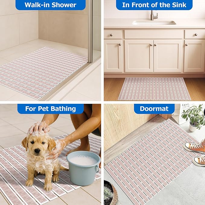 Matace Non Slip Rubber Bathtub & Shower Mat with Suction Cups, Thick Textured Surface, Fast Drain and Upright Drying Design, No Pooling Water for Better Hygiene, 27 x 16 Inch, Beige