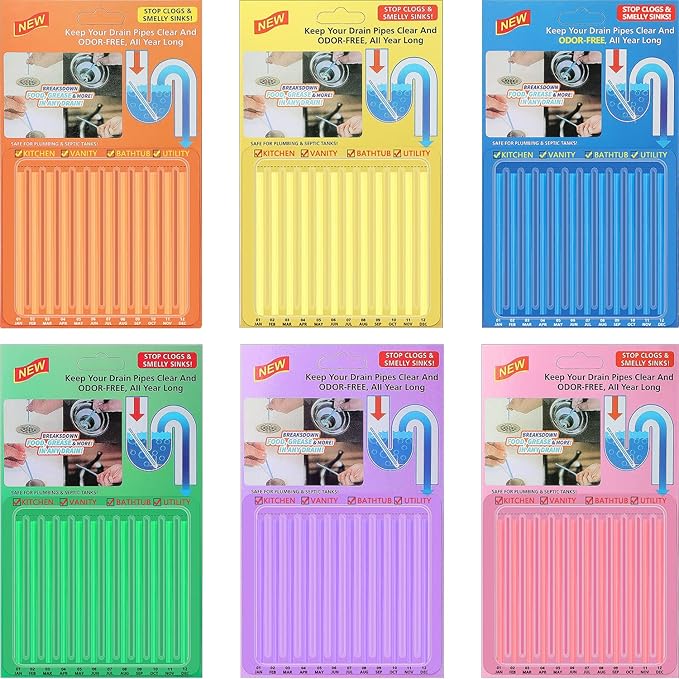 72pcs Drain Cleaner Deodorizer Sticks - Keep Drain Pipes Clear, Prevent Clogs for Kitchen, Bathroom, Toilet (6 Color)