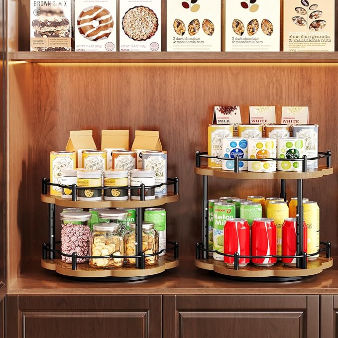 Lazy Susan Spice Rack Organization for Cabinet - 2 Tier Adjustable Height Lazy Turntable Spice Organizer for Kitchen Countertop & Pantry, Wood 10 Inch Seasoning Storage, Black