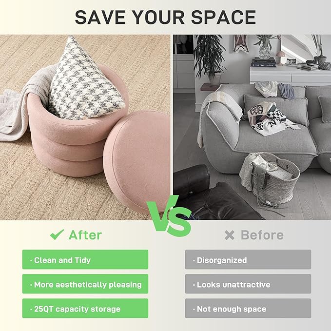 Round Ottoman with Storage Boucle Ottoman Stool Removable Lid for Living Room Modern Upholstered Vanity Storage Stool Foot Rest Bedroom Dorm Gifts Set of 2 (Pink)