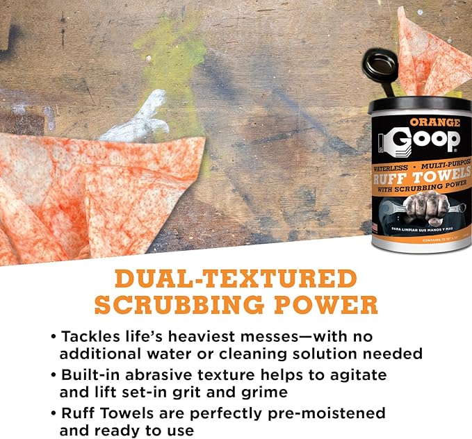 GOOP Orange Heavy Duty Ruff Towels with Scrubbing Power, 10” x 12” Dual Textured Multi-Purpose Cleaning Wipes, Removes Dirt, Grease, Oil, 72 Count