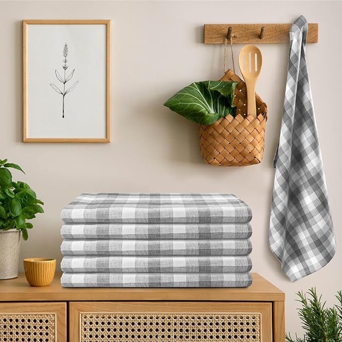 Kitchen Towels Set of 6 Grey/White Checks 20x30 Inches 100% Cotton Highly Absorbent Kitchen Towels