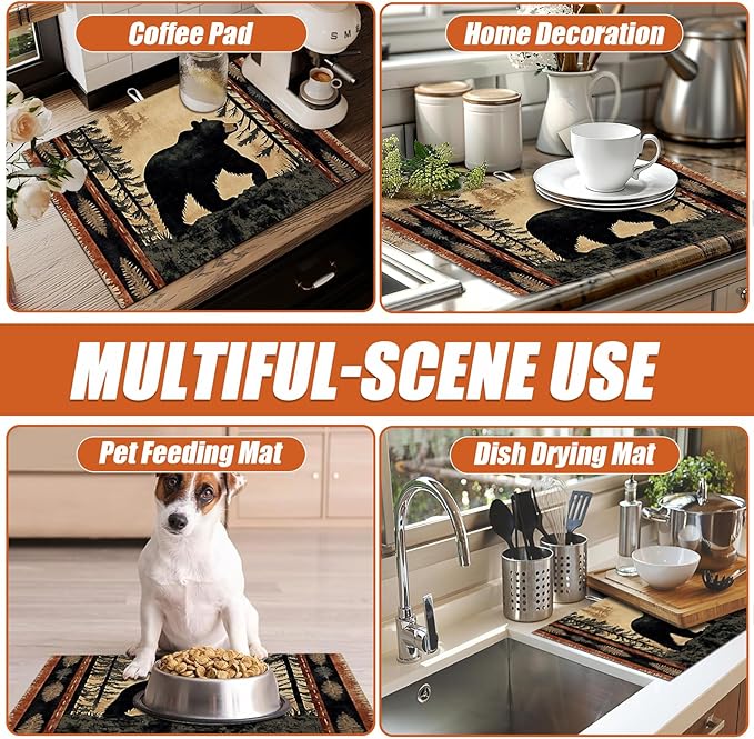 Forest Bear Dish Drying Mat for Kitchen Counter Microfiber Absorbent Dish Kitchen Drying Mat Draining Reusable Washable for Dishes/Utensils/Counterto