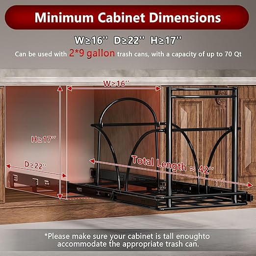 Dual Under Sink Trash Can Heavy Duty Pull Out Trash Can Under Cabinet, Fits 2x35Qt (7-9 Gal) Commercial Trash Cans Cabinet Trash Bin Pull Out Kit Requires ≥ 22''Dx 16''Wx 17''H, No Can (Black)