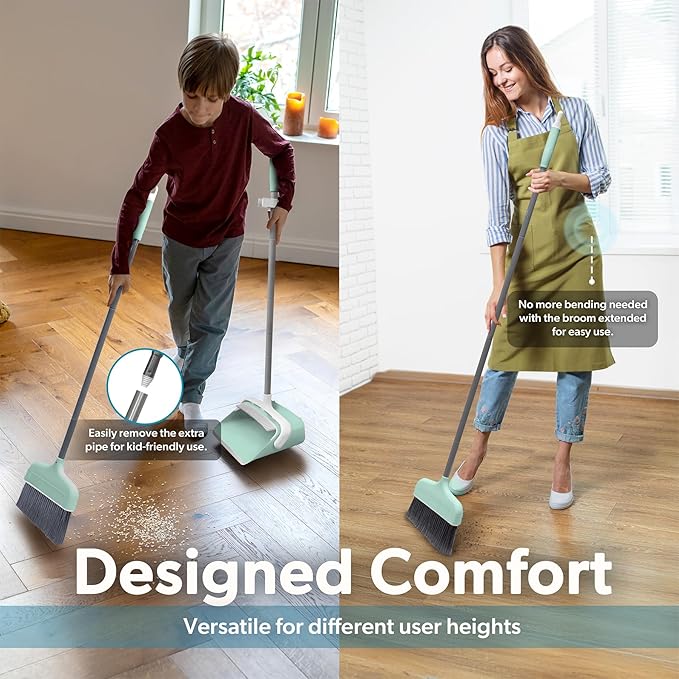 BLACK+DECKER Butler Broom & Dustpan Set - Short Handle, Stand-Up Design - Lightweight, Space-Saving Combo for Kitchen, Living Room, Bathroom, Lobby Floors - Home Cleaning Essential, Teal/Grey