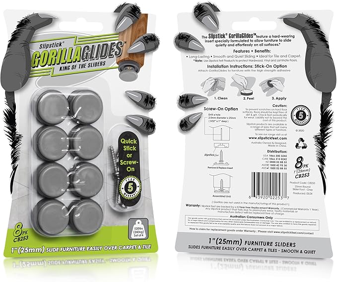 GorillaGlides CB253 1 Inch Chair Sliders/Furniture Glide Floor Protectors (Set of 8 Glides) Self-Adhesive Screw-On Glides, for Sliding on Hard Surface Floors and Low-Pile Carpet, Round
